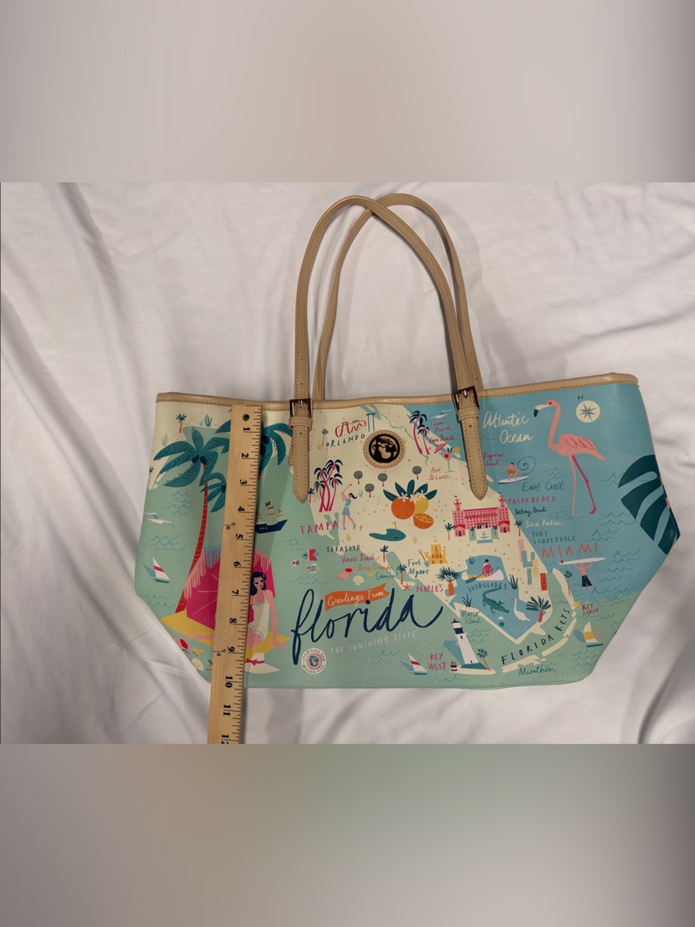 Spartina 449 Aqua Florida Map Tote with Tan Straps- Excellent condition - Picture 5 of 15